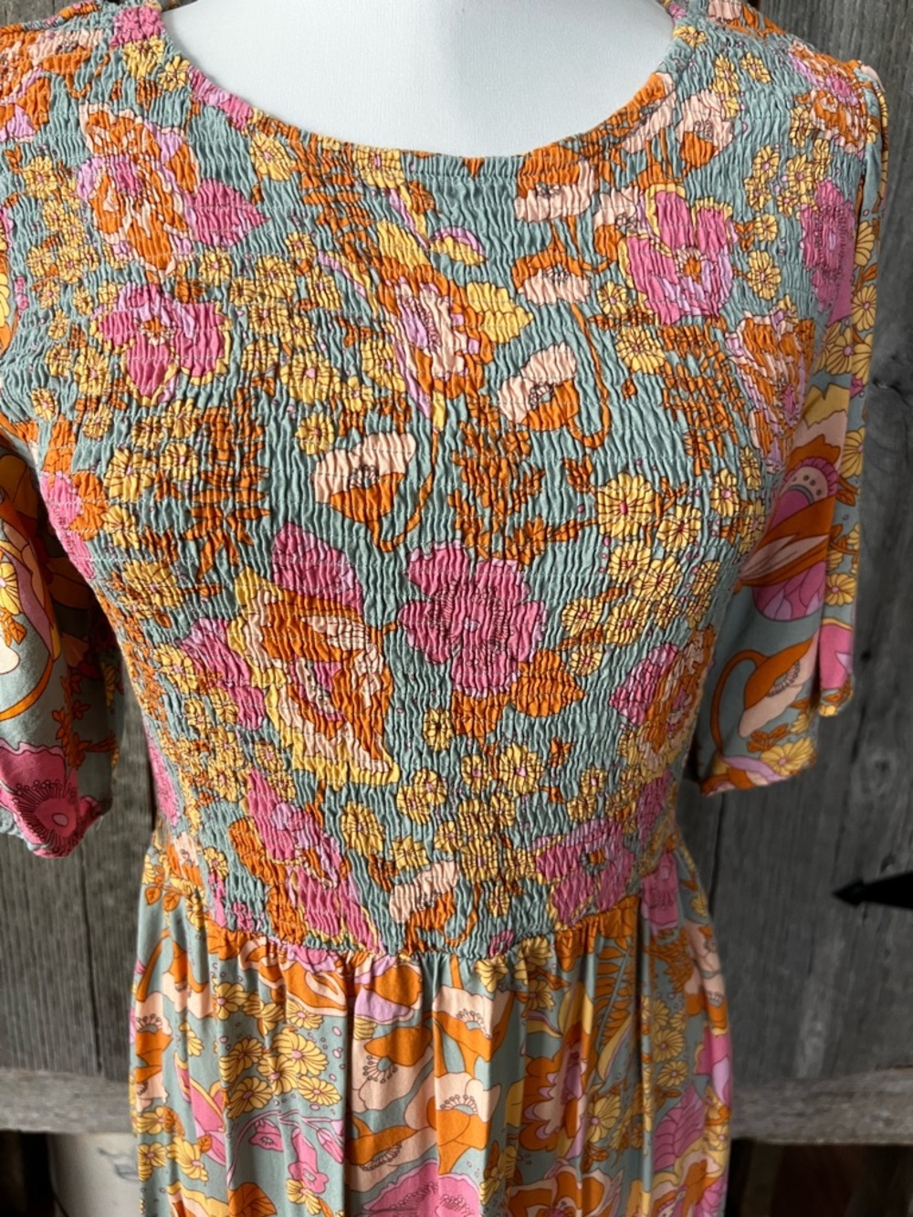 Floral Smocked Maxi Dress in Pink & Orange - Picture 2 of 4